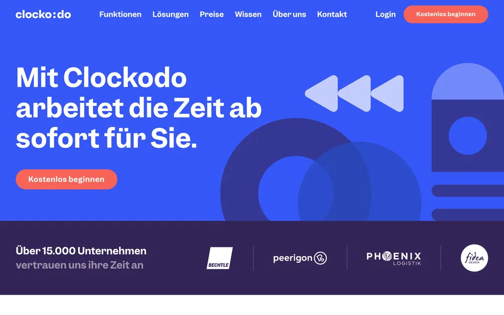 Screenshot der Startseite von clockodo.com, aufgenommen im August 2026