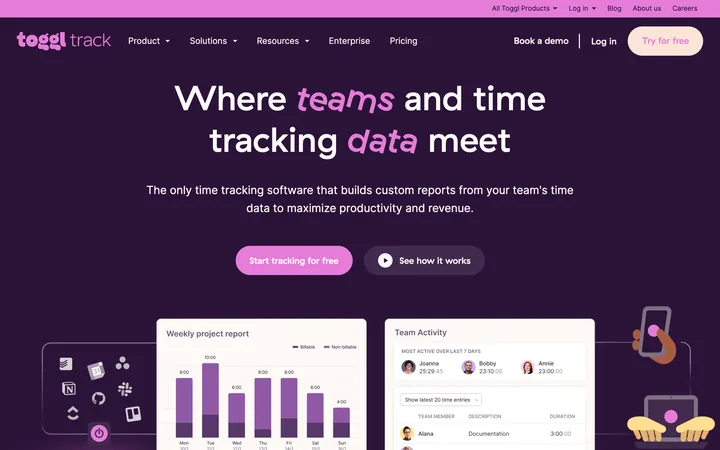 Screenshot der Startseite von toggl.com/track, aufgenommen im August 2026